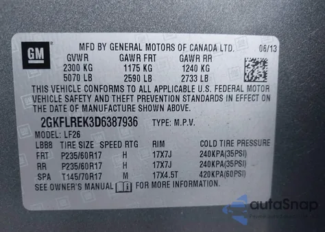 2013 GMC Terrain Sle из США, поврежденный, VIN 2GKFLREK3D6387936